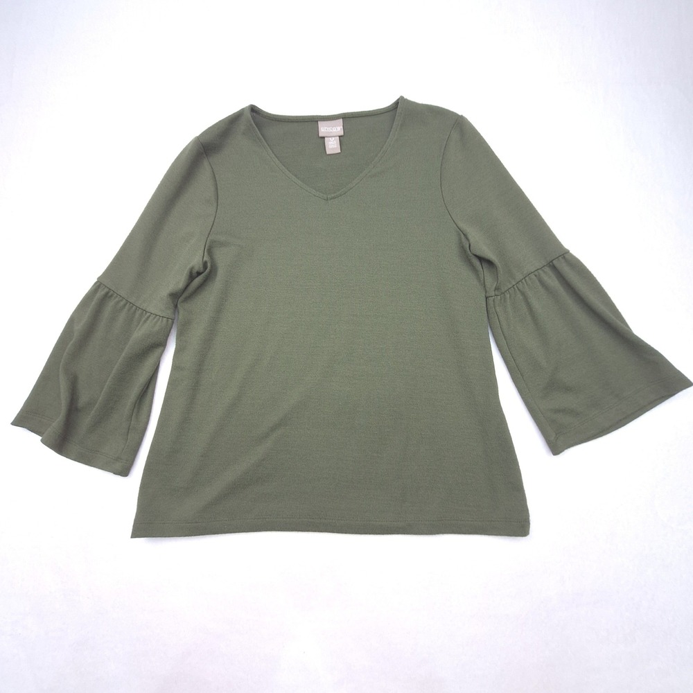 Chico's Bell Sleeve Top Womens Small Olive Green V-Neck Knit Pullover 0